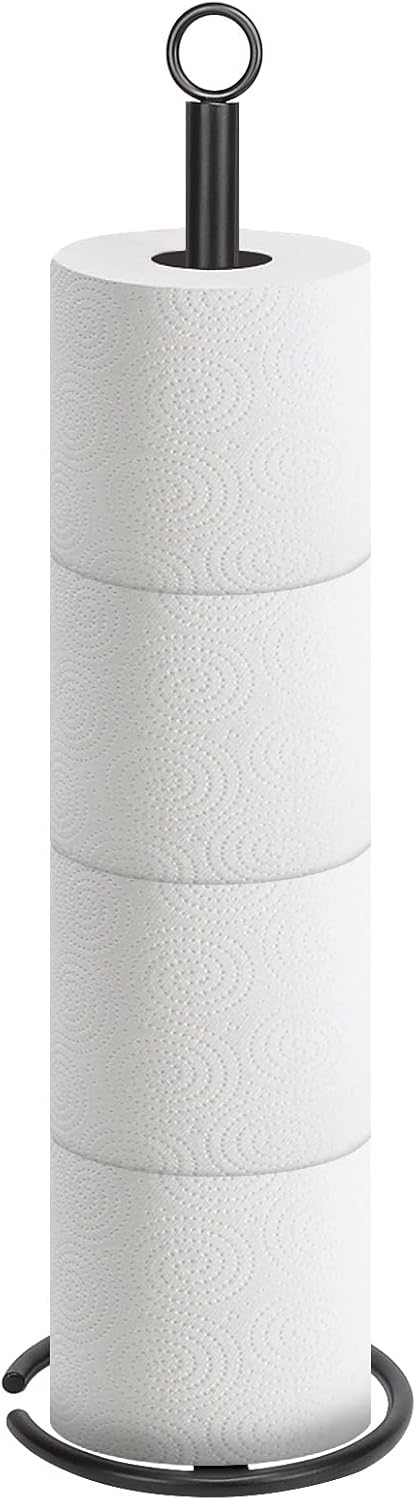 NearMoon Bath Toilet Paper Holder Stand, Free Standing Tissue Paper Storage with Reserve, Space Toilet 4 Rolls Holder for Bathroom/Kitchen Countertop-All Metal (1 Pack, Matte Black)