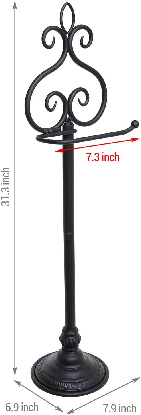 MyGift Free Standing Toilet Paper Holder Black Metal Scrollwork Design Bathroom Tissue Paper Stand - Single Roll Storage Rack
