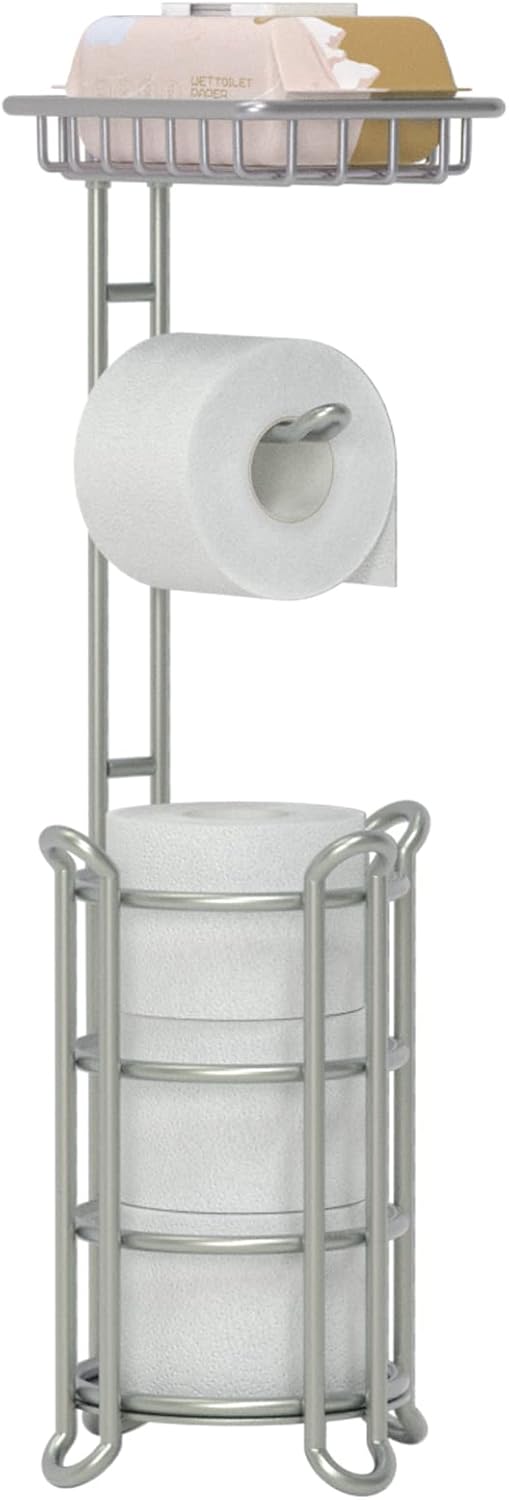 [Upgrade] Toilet Paper Holder Stand with Shelf Tissue Holders for Bathroom Free Standing Bath Tissue Roll Holder Magazine Rack for Mega Rolls/Phone/Wipe-Black