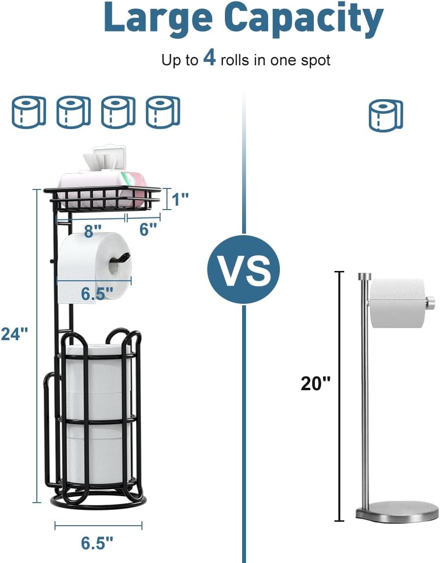 [Upgrade] Toilet Paper Holder Stand with Shelf Tissue Holders for Bathroom Free Standing Bath Tissue Roll Holder Magazine Rack for Mega Rolls/Phone/Wipe-Black