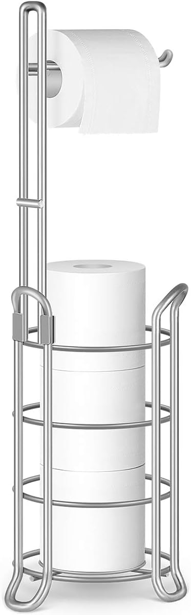 TomCare Toilet Paper Holder Toilet Paper Stand and Dispenser for 3 Spare Rolls Metal Wire Free-Standing Toilet Tissue Paper Roll Storage Shelf Bathroom Accessories Storage Organizer Black