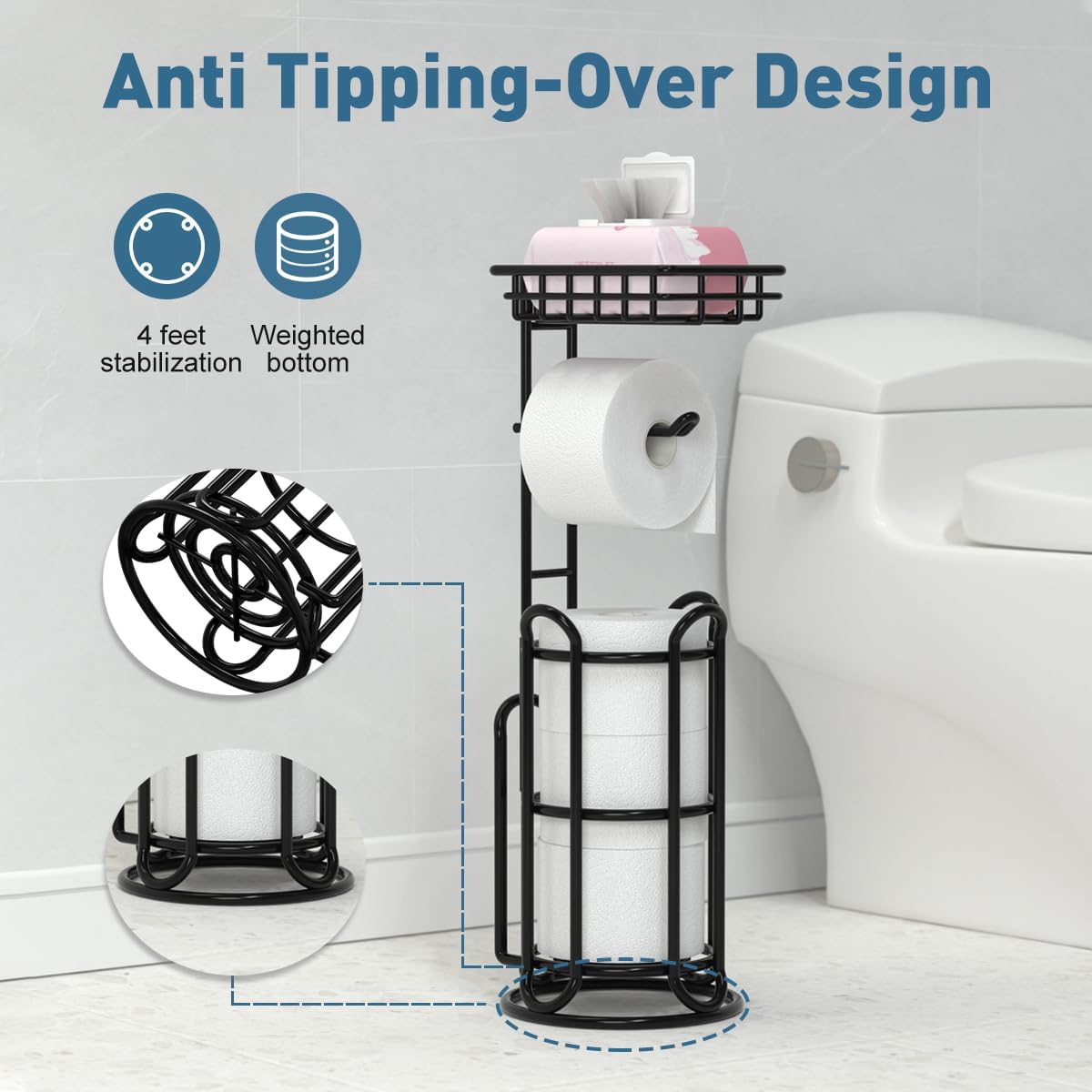 [Upgrade] Toilet Paper Holder Stand with Shelf Tissue Holders for Bathroom Free Standing Bath Tissue Roll Holder Magazine Rack for Mega Rolls/Phone/Wipe-Black