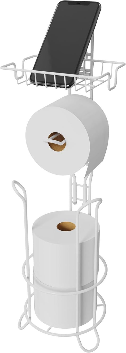 Toilet Paper Holder Stand with Shelf and Dispenser, 4 Mega Rolls Metal Wire Free-Standing Toilet Tissue Paper Roll Storage Rack Bathroom Accessories Storage Organizer(White)