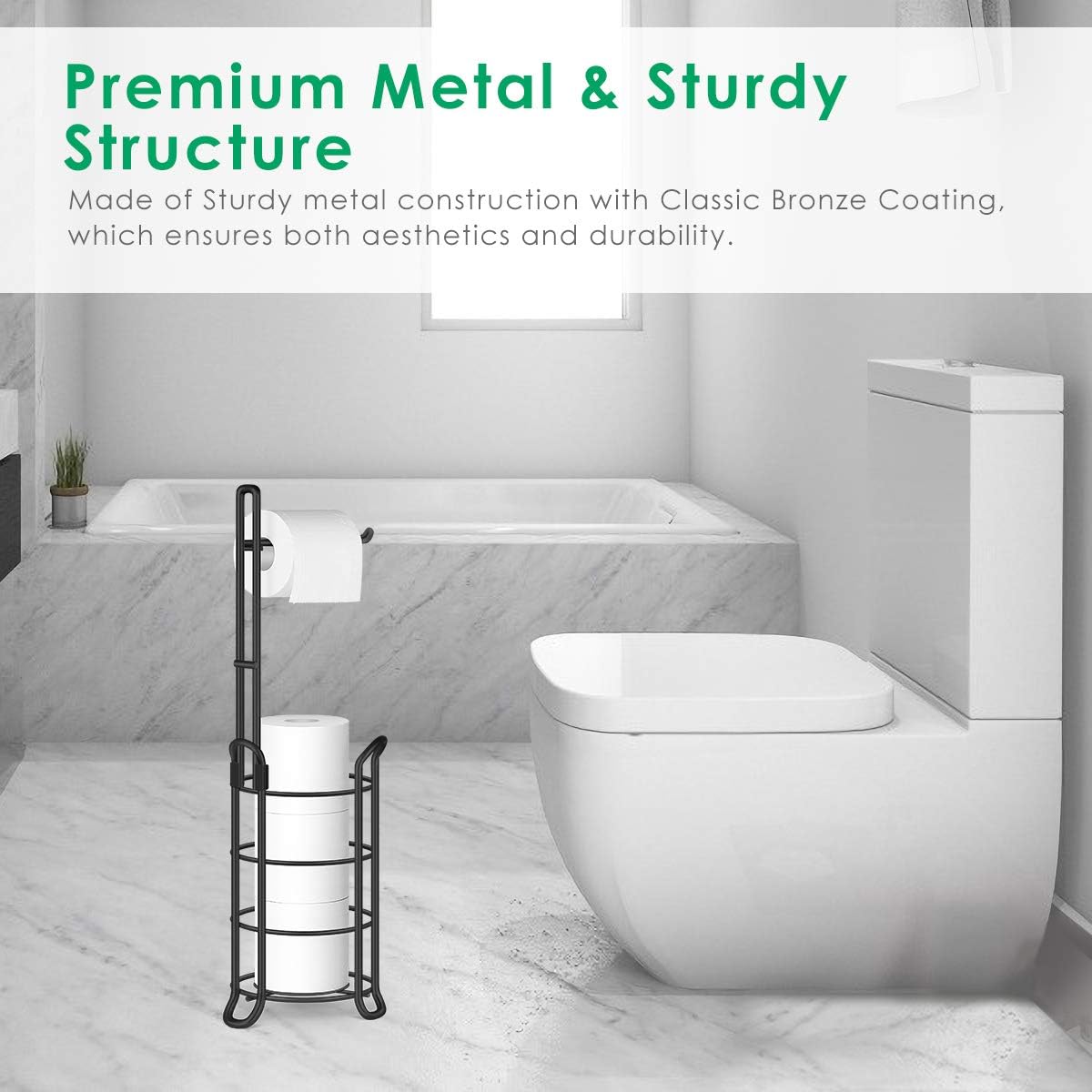TomCare Toilet Paper Holder Toilet Paper Stand and Dispenser for 3 Spare Rolls Metal Wire Free-Standing Toilet Tissue Paper Roll Storage Shelf Bathroom Accessories Storage Organizer Black