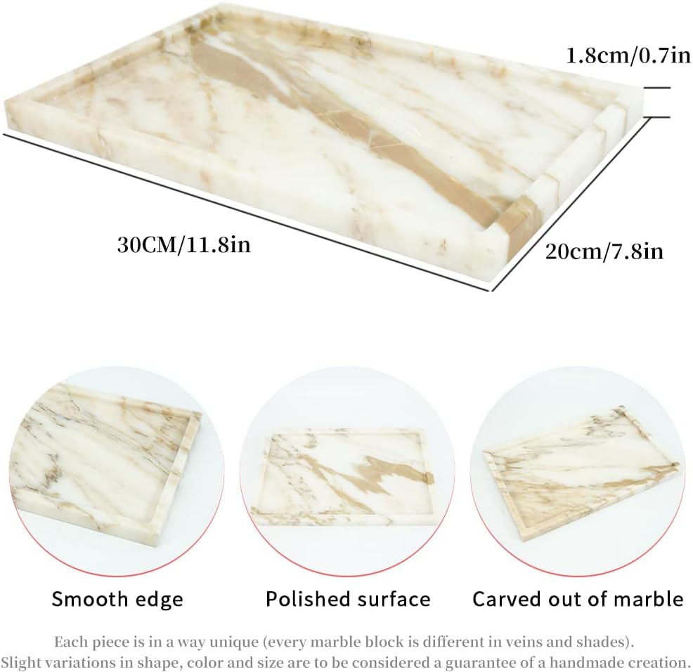 100% Natural Marble Serving Tray Luxury Marble Storage Tray for Home Decor Stone Tray for Bathroom/Kitchen/Vanity/Dresser,Plate Holder for Tissues, Candles, Towel