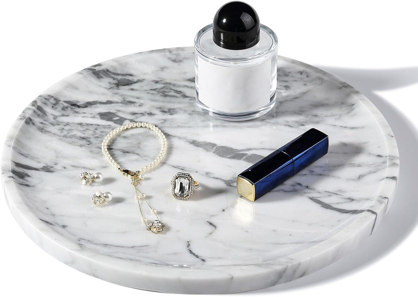 Natural Marble Serving Tray, 11.8in Round, Carrara Marble, Bathroom/Kitchen/Coffee Table Tray for Counter, Decorative Vanity for Catchall, Fruit and Snack