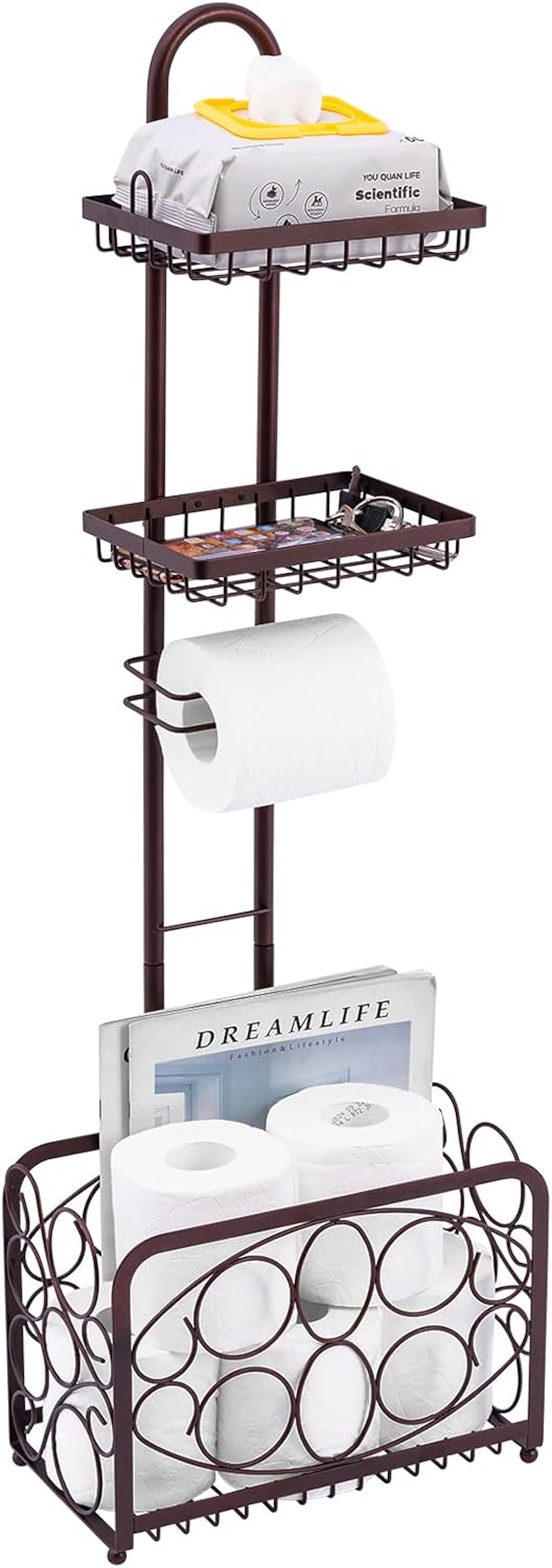 Oasis Creations Toilet Paper Holder Tissue Rack Stand with Magazine Toilet Roll Storage Basket- Freestanding, Bronze Metal