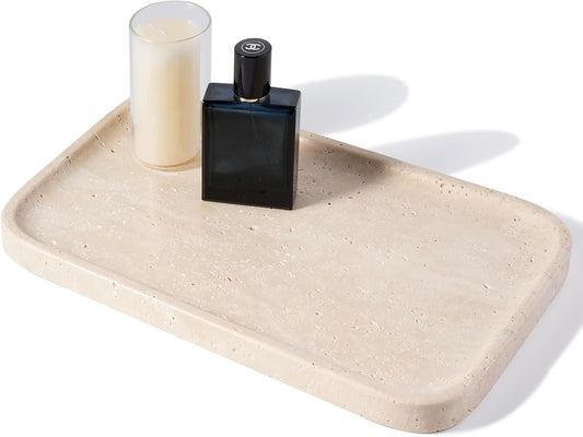 Travertine Vanity Tray, Stone Bathroom Tray for Countertop, Marble Decorative Dresser, Large Serving Trays for Kitchen Counter, Storage for Kitchen Sink, Perfume, Jewelry Holder