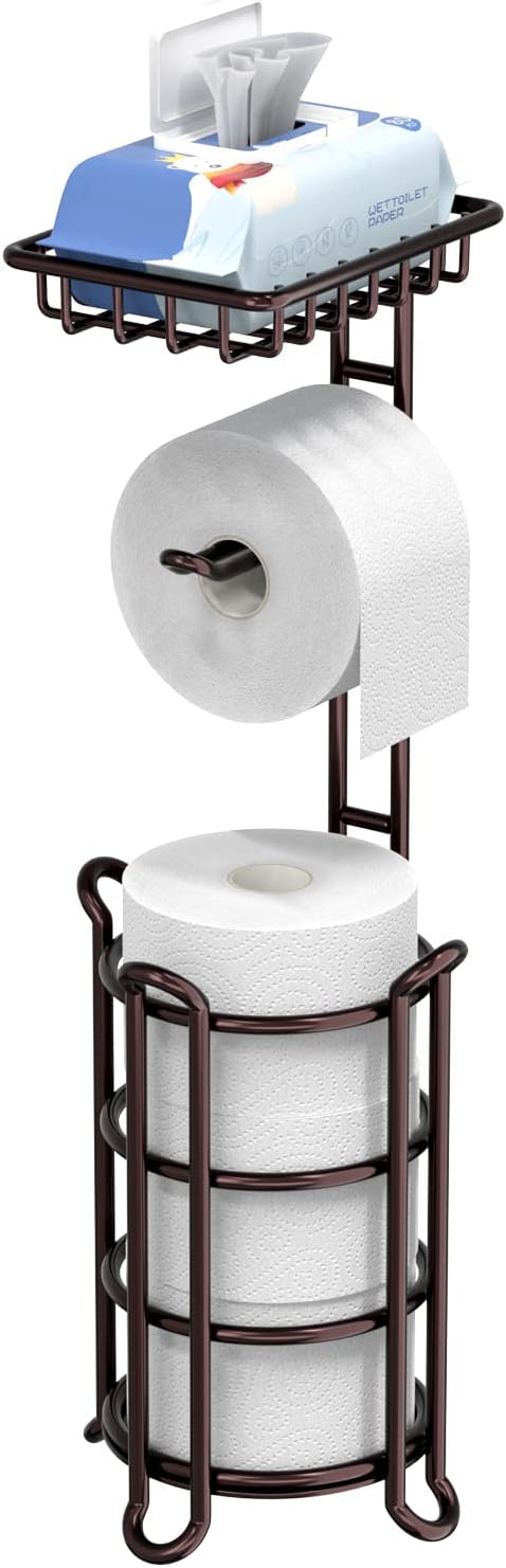 [Upgrade] Toilet Paper Holder Stand with Shelf Tissue Holders for Bathroom Free Standing Bath Tissue Roll Holder Magazine Rack for Mega Rolls/Phone/Wipe-Black