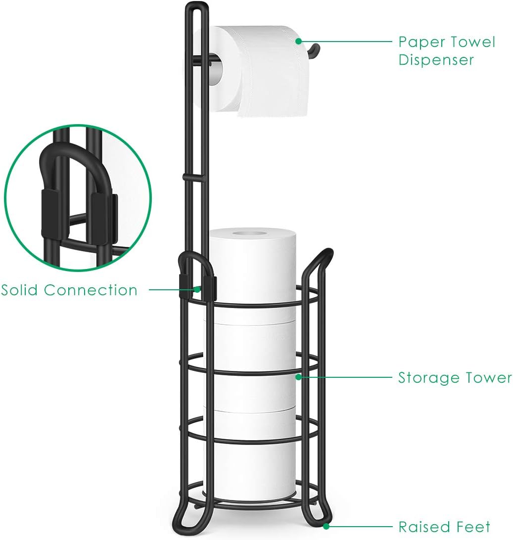 TomCare Toilet Paper Holder Toilet Paper Stand and Dispenser for 3 Spare Rolls Metal Wire Free-Standing Toilet Tissue Paper Roll Storage Shelf Bathroom Accessories Storage Organizer Black