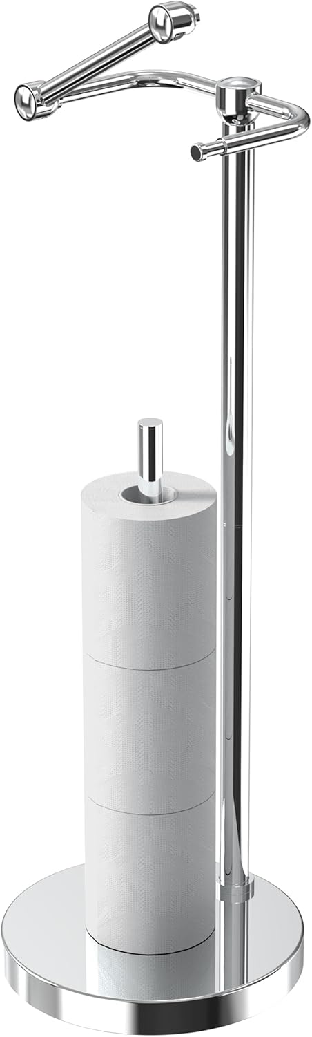 Toilet Paper Holder Stand, Modern Bathroom Free Standing Toilet Paper Roll Holder, Stainless Steel Tissue Rack, Rust-Proof & Heavy Stable Base (Matte Black)