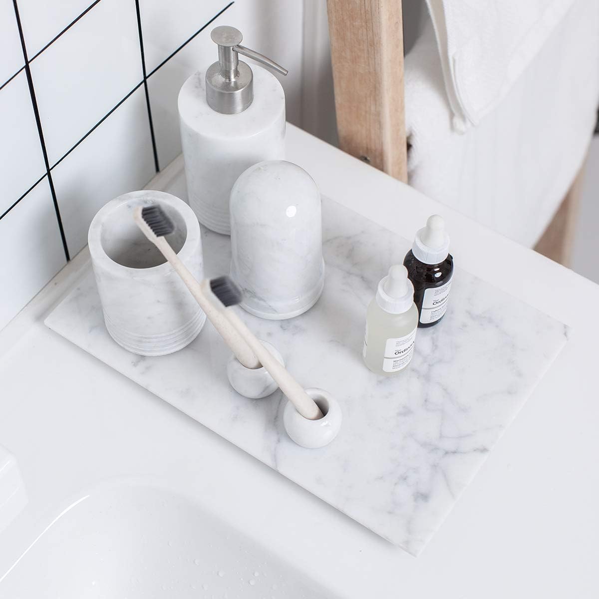 Large Marble Bathroom Tray for Counter White Vanity Tray for Home Decor/Kitchen/Dresser, Guest Towel Holder Tray Napkin Holder for Bathroom, Non-Resin/Non-Ceramic