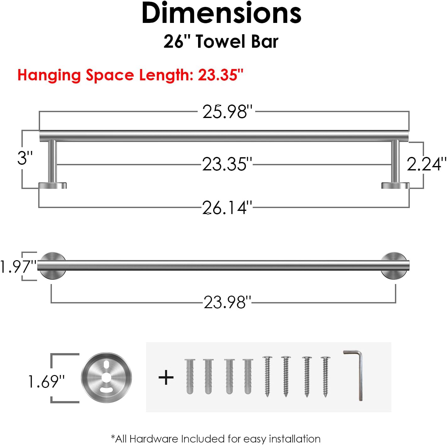 FORIOUS Towel Bar Wall Mounted, Stainless Steel Towel Racks for Bathroom, Includes Wall Mounting Hardware (Brushed Nickel, 26 Inch)