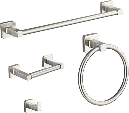 Brushed Nickel Bathroom Hardware Set 4 Pieces,Towel Bar Set Stainless Steel Wall Mounted, Includes 16In Hand Towel Bar, Towel Ring, Robe Towel Hooks,Toilet Paper Holder, Bathroom Towel Rack Set…