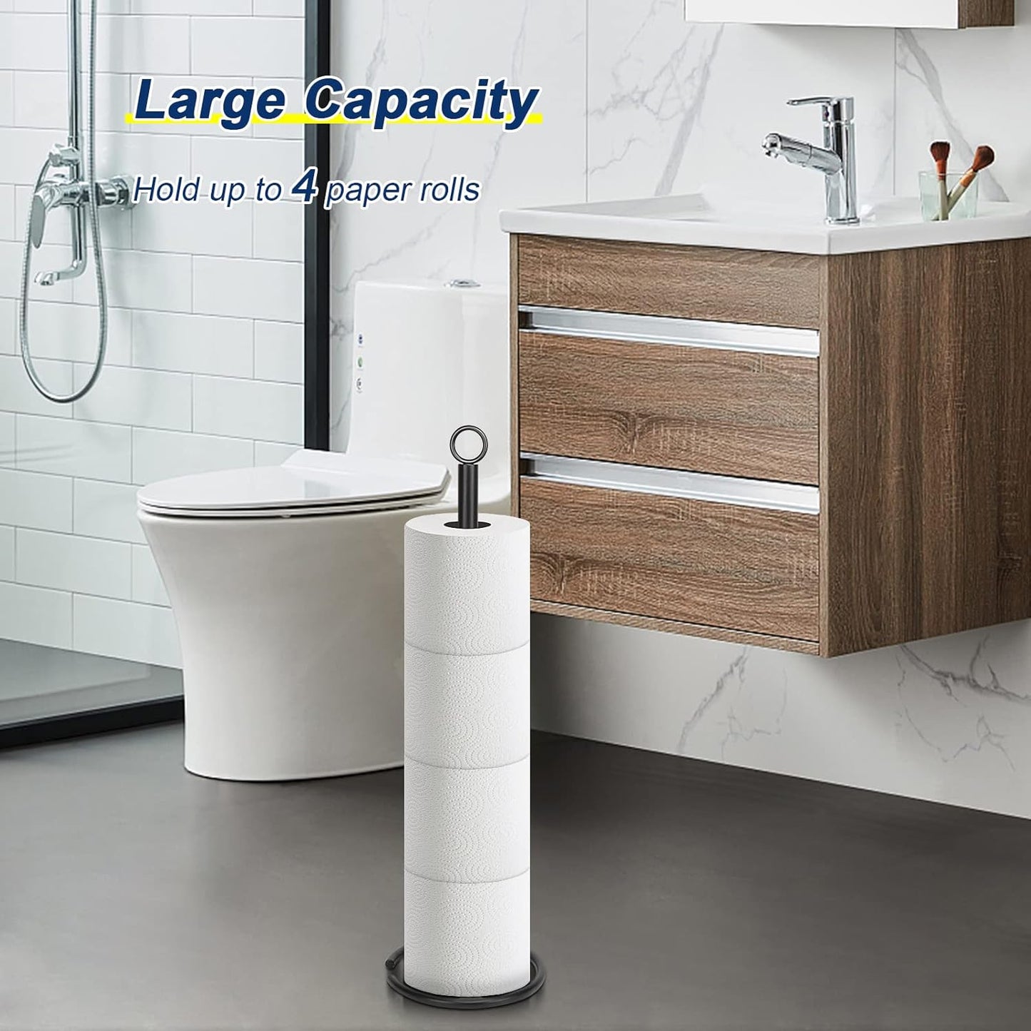 NearMoon Bath Toilet Paper Holder Stand, Free Standing Tissue Paper Storage with Reserve, Space Toilet 4 Rolls Holder for Bathroom/Kitchen Countertop-All Metal (1 Pack, Matte Black)