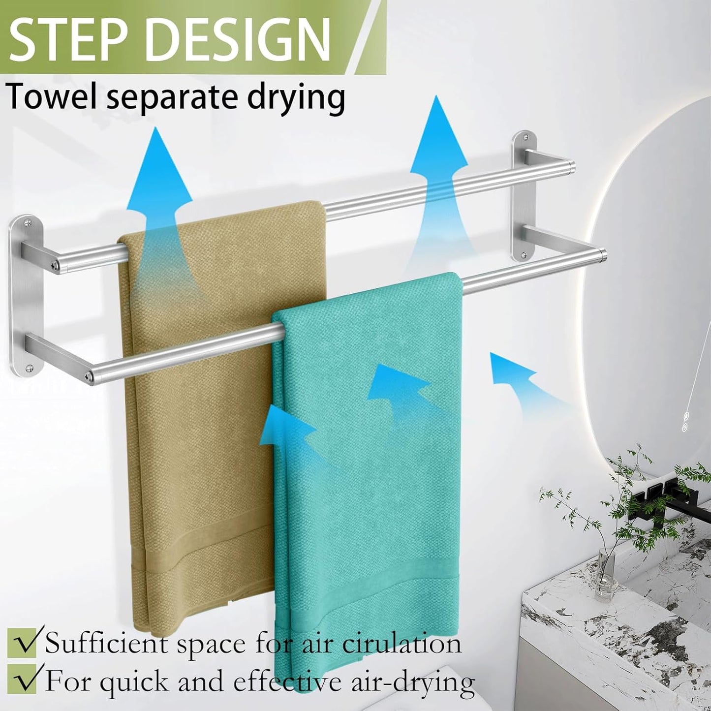 Towel Rack for Bathroom, Double Towel Bar 24Inch, Stainless Steel Bathroom Towel Holder, Double Towel Hanger Wall Mounted Towel Rod, Bathroom Towel Rack(Brushed Nickel)