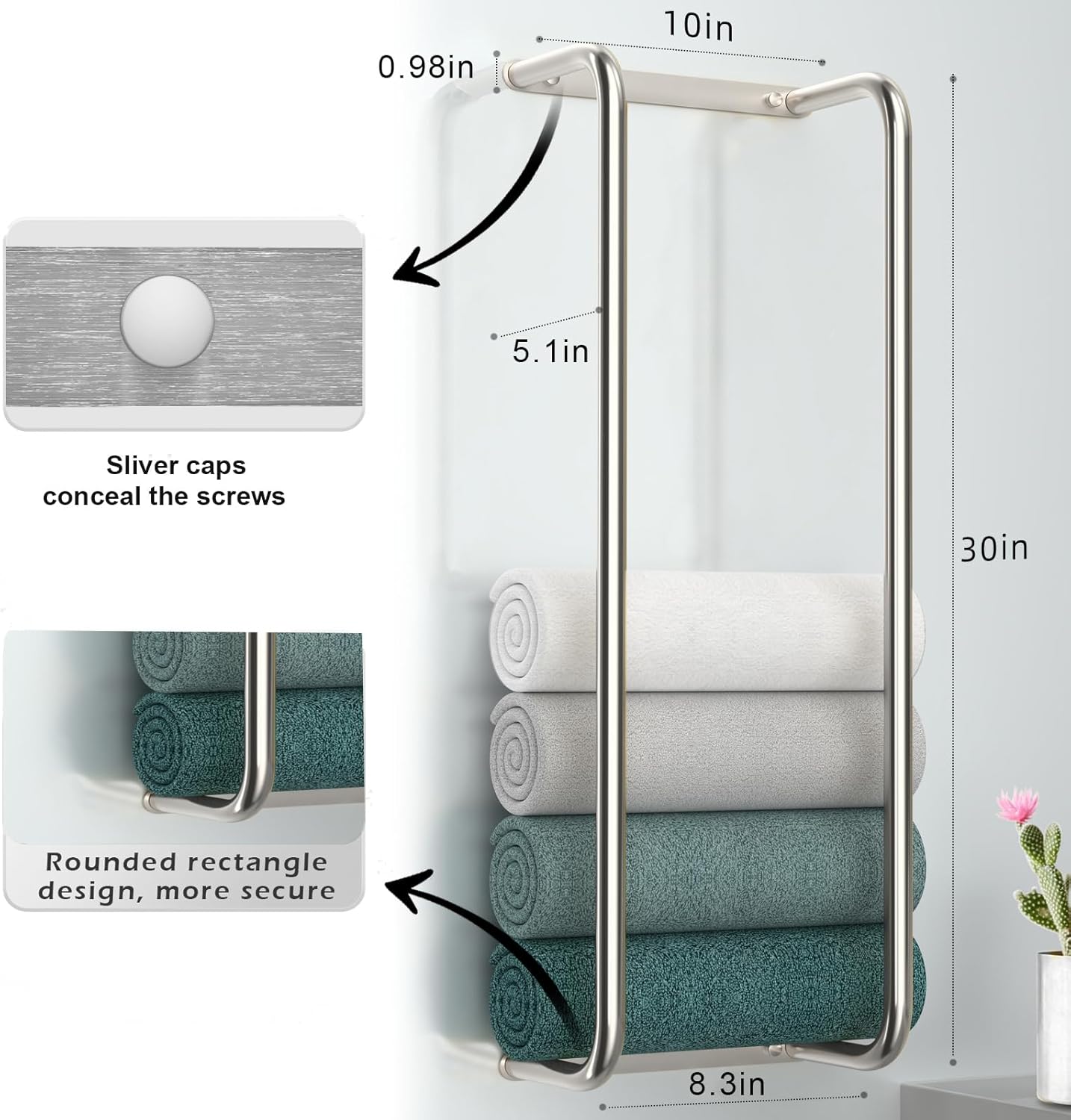 Stainless Steel Wall-Mounted Bathroom Towel Rack and Organizer for Rolled Towels, Ideal for Modern Small Bathrooms with Limited Space, Sleek and Chic Sliver Design.