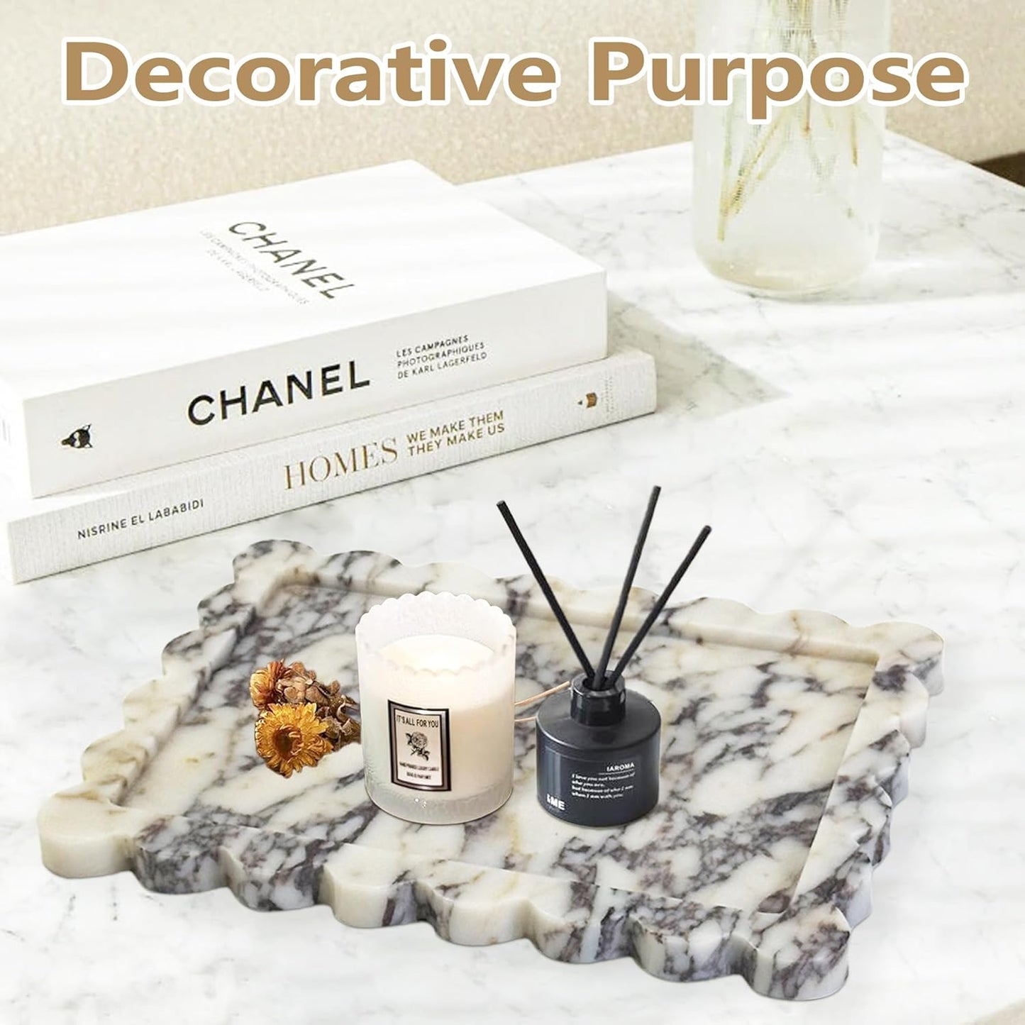 Prolee Scalloped Marble Tray,Marble Vanity Trays for Bathroom 12" x 9", Scalloped Tray,Wave Appearance Jewelry Home Decor Stone Trays for Kitchen Counter, Bathroom,Genuine Calacatta Viola