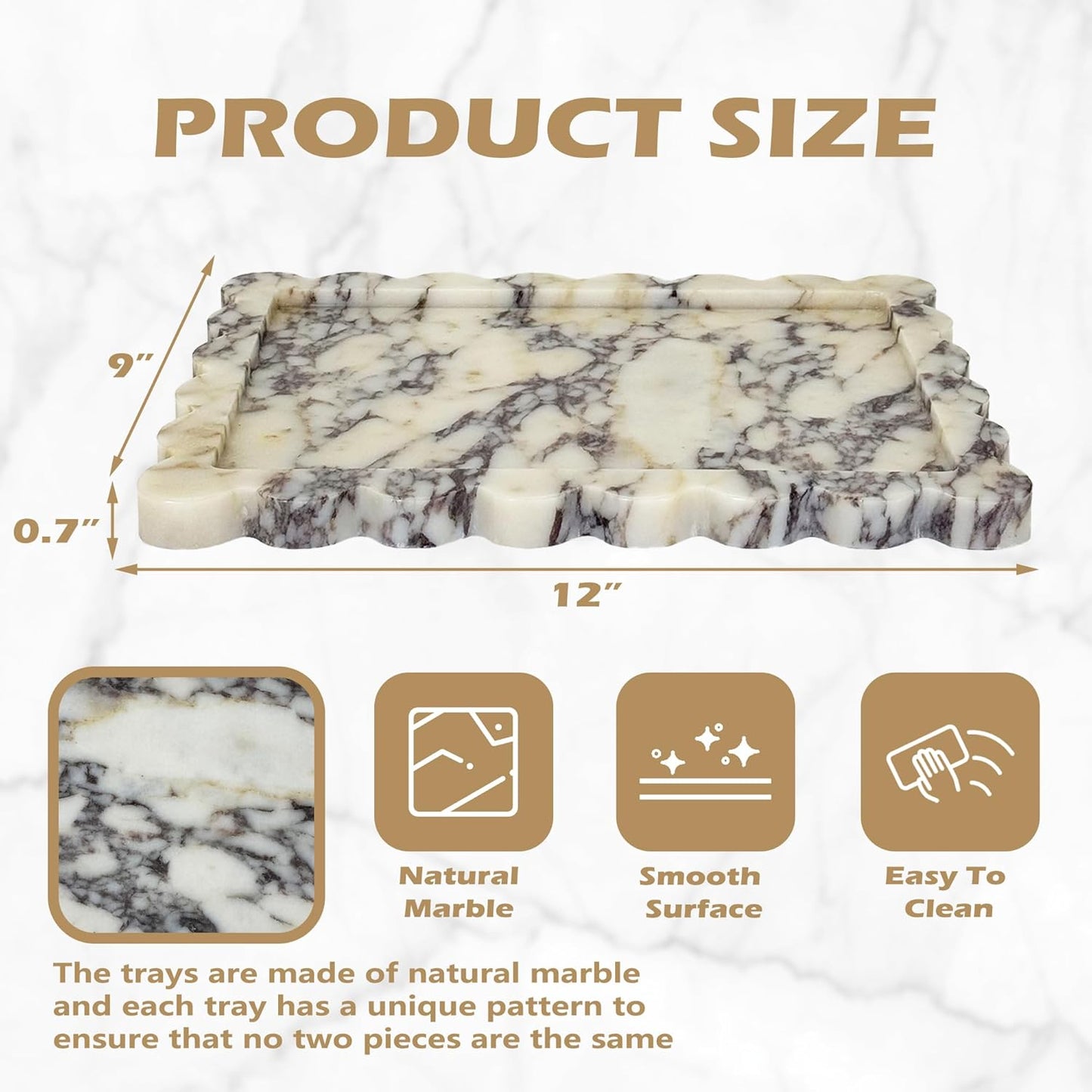 Prolee Scalloped Marble Tray,Marble Vanity Trays for Bathroom 12" x 9", Scalloped Tray,Wave Appearance Jewelry Home Decor Stone Trays for Kitchen Counter, Bathroom,Genuine Calacatta Viola