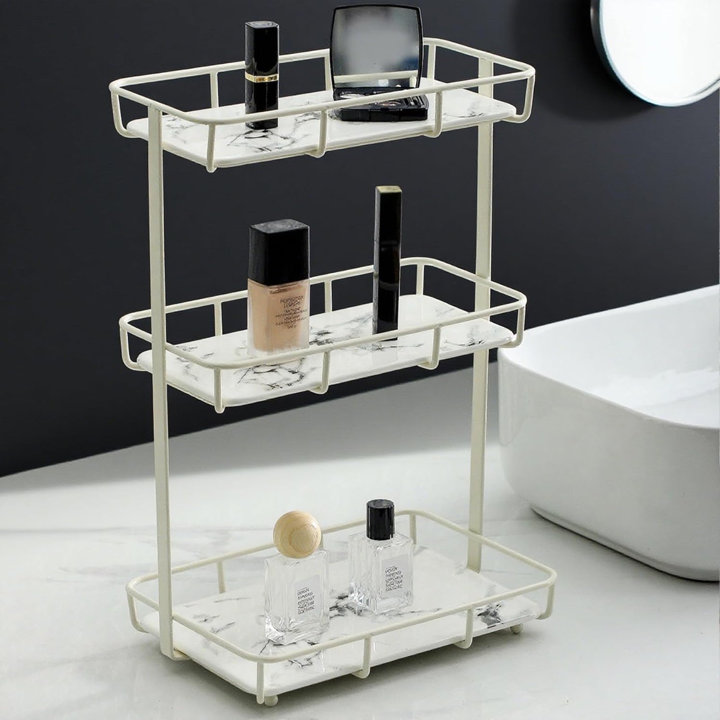 Bathroom Organizer Countertop Perfume Organizer Makeup Organizer Cosmetics Storage Display Rack Vanity Tray Dresser Stainless Steel Gold Shelf White Marble Ceramic Tray