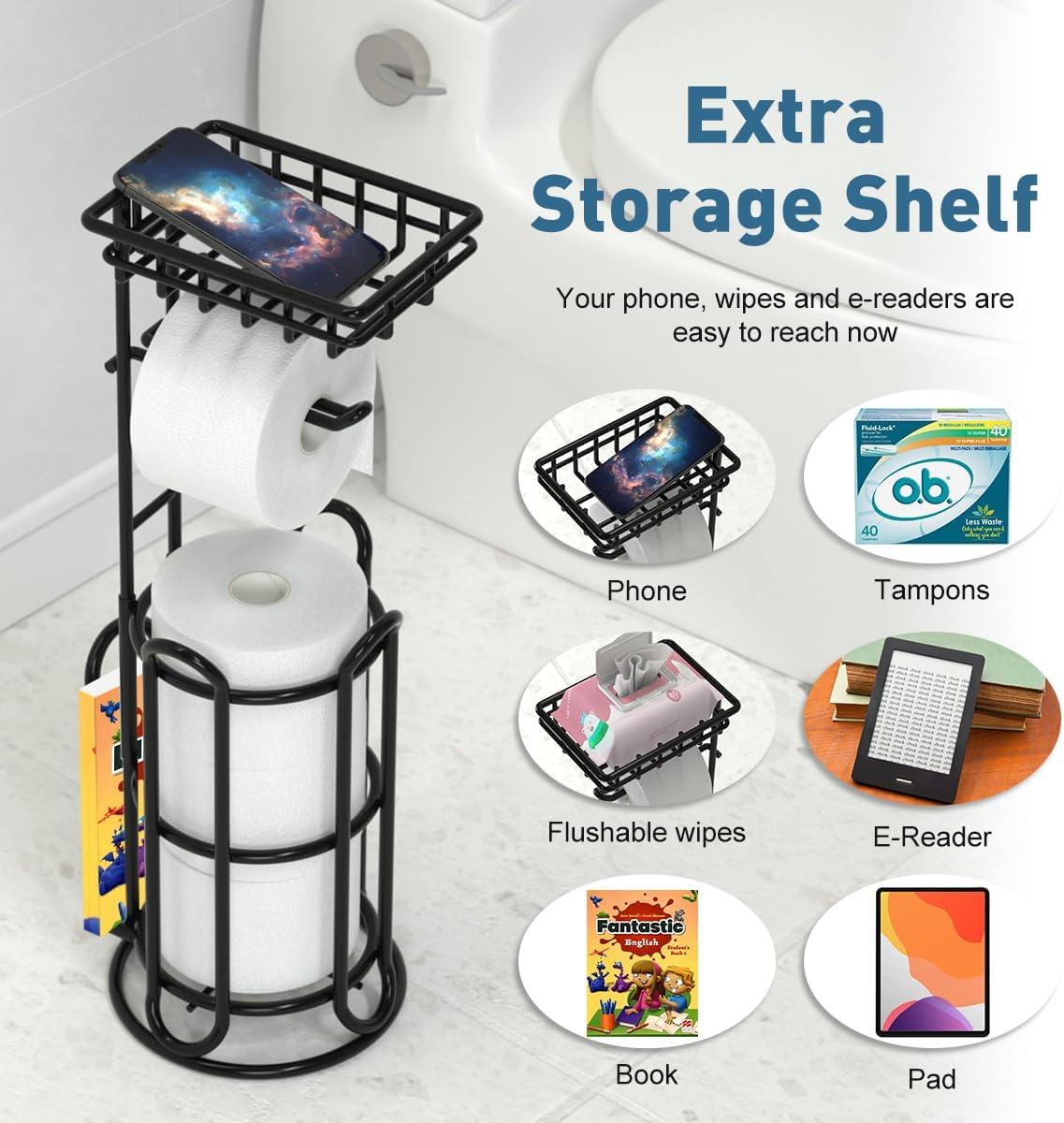 [Upgrade] Toilet Paper Holder Stand with Shelf Tissue Holders for Bathroom Free Standing Bath Tissue Roll Holder Magazine Rack for Mega Rolls/Phone/Wipe-Black