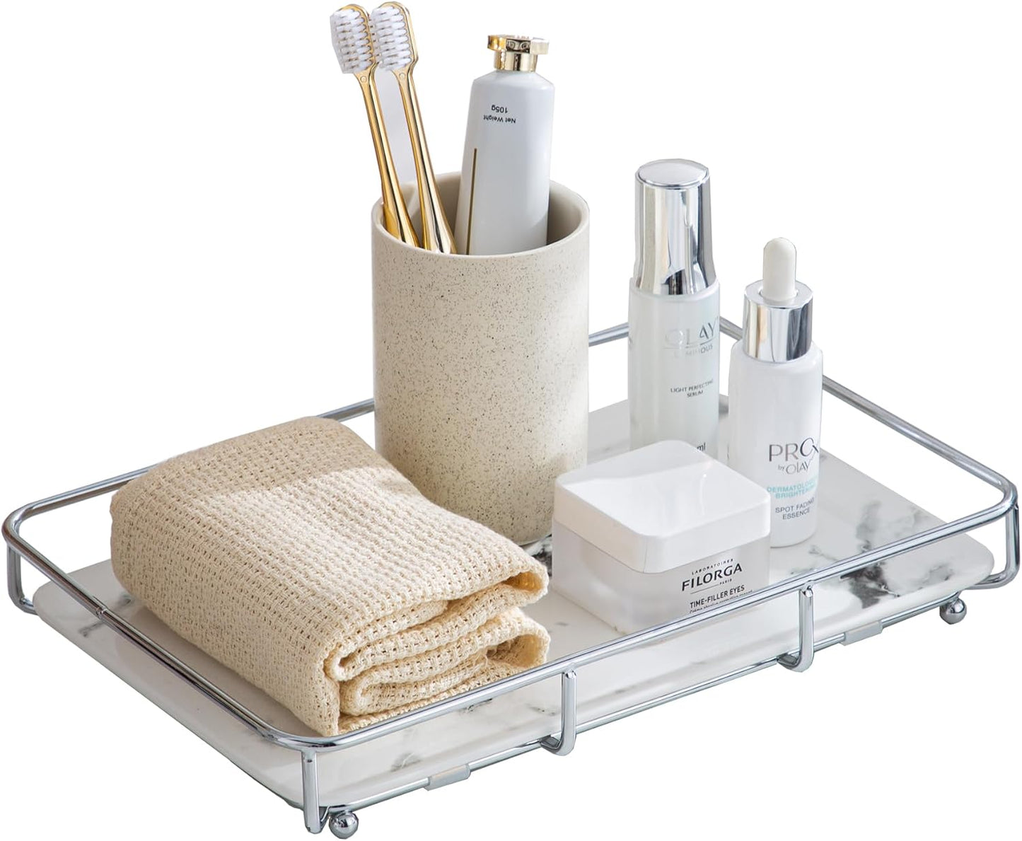 Bathroom Organizer Countertop Perfume Organizer Makeup Organizer Cosmetics Storage Display Rack Vanity Tray Dresser Stainless Steel Gold Shelf White Marble Ceramic Tray