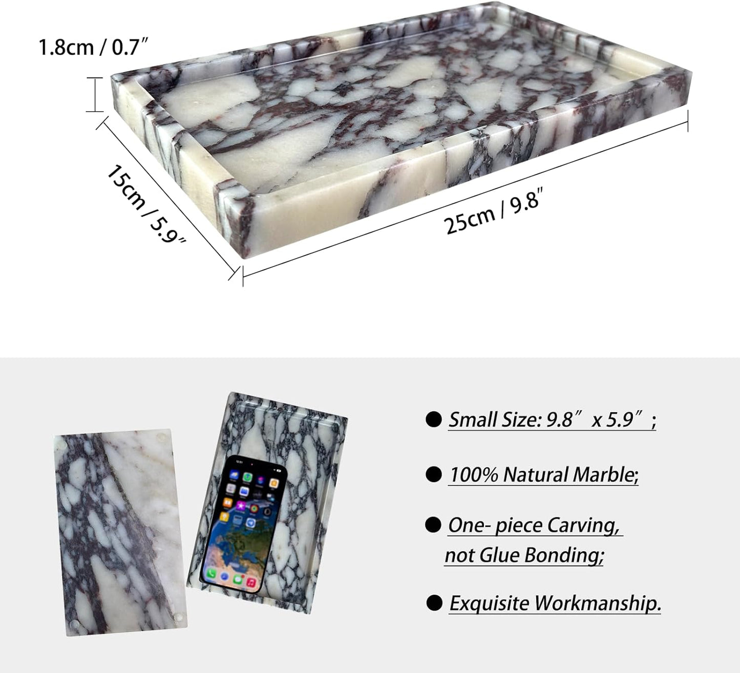 Natural Marble Vanity Tray, 9.8"x5.9" Genuine Calacatta Viola Marble Tray for Bathroom/Kitchen/Dresser