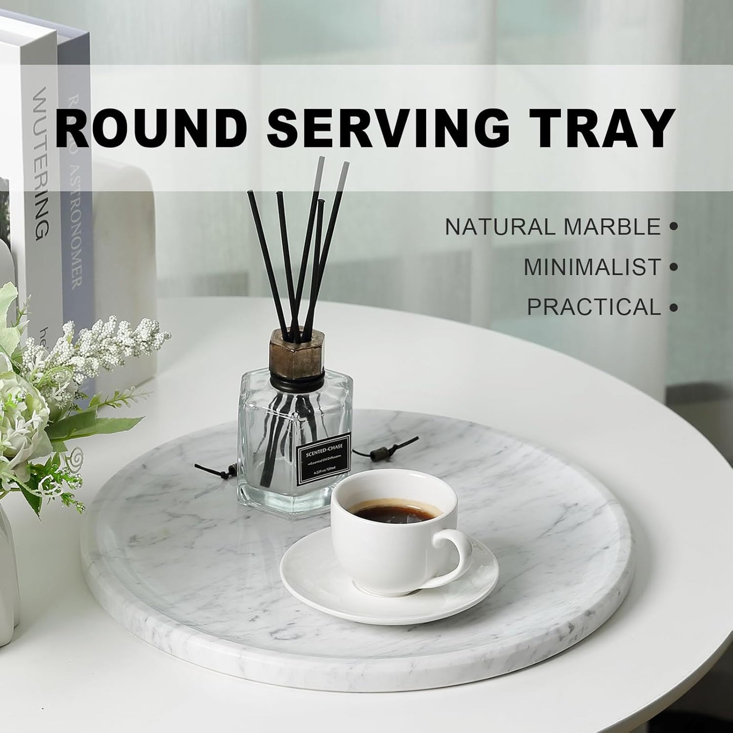 Natural Marble Serving Tray, 11.8in Round, Carrara Marble, Bathroom/Kitchen/Coffee Table Tray for Counter, Decorative Vanity for Catchall, Fruit and Snack