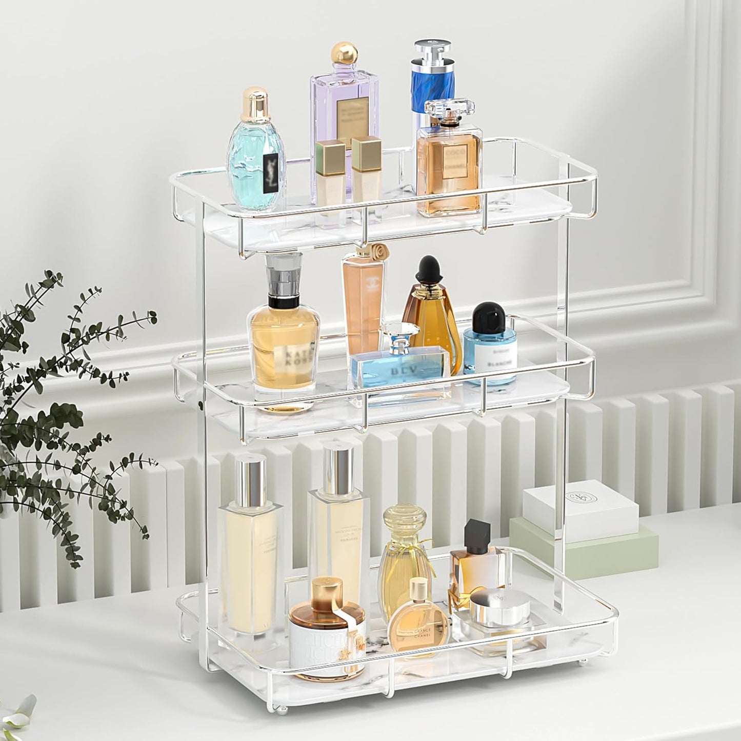 Bathroom Organizer Countertop Perfume Organizer Makeup Organizer Cosmetics Storage Display Rack Vanity Tray Dresser Stainless Steel Gold Shelf White Marble Ceramic Tray