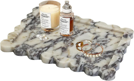 Prolee Scalloped Marble Tray,Marble Vanity Trays for Bathroom 12" x 9", Scalloped Tray,Wave Appearance Jewelry Home Decor Stone Trays for Kitchen Counter, Bathroom,Genuine Calacatta Viola