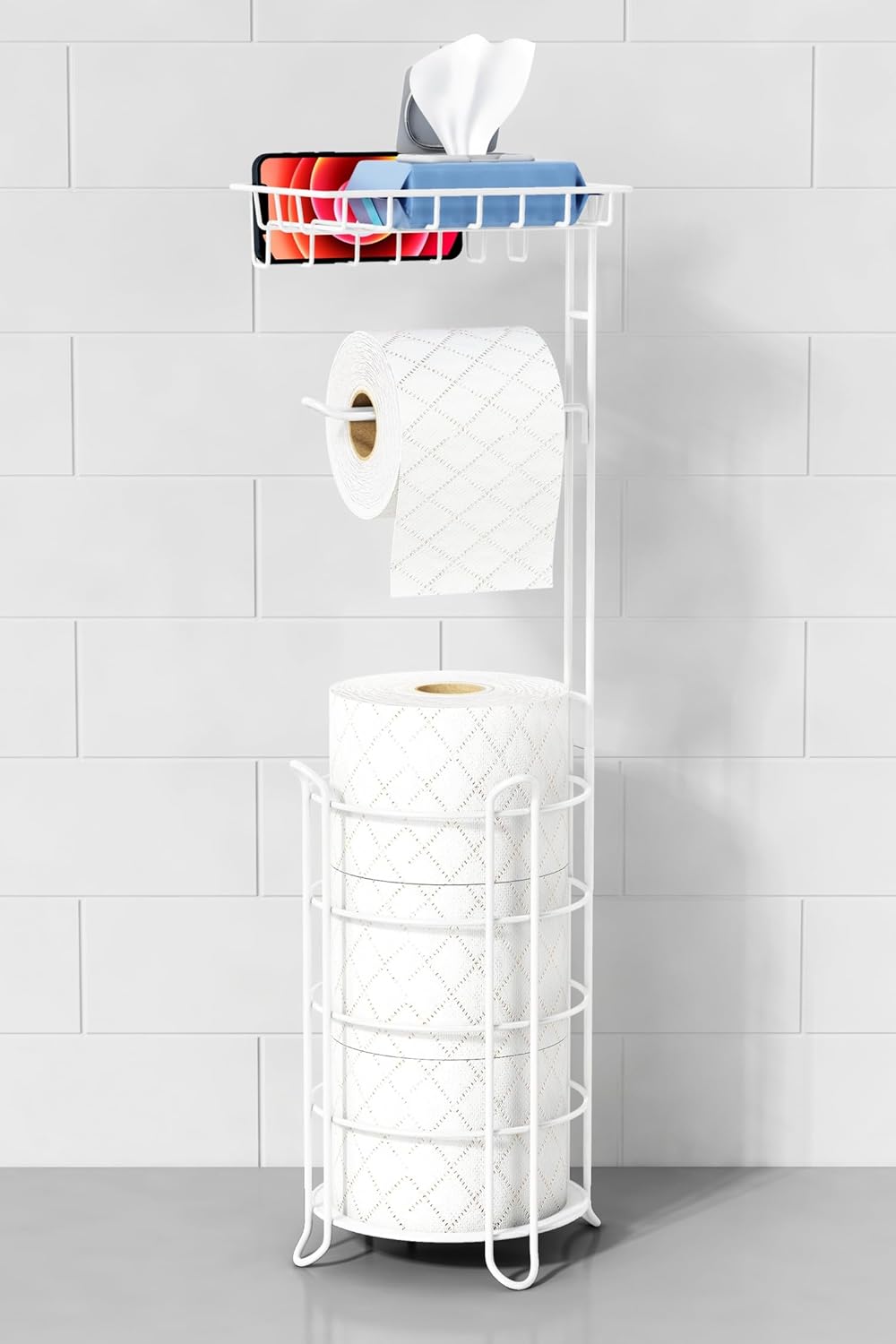 Gold Free Standing Toilet Paper Holder Stand with Phone Shelf, Floor Bathroom Tissue Holder for Large Mega Rolls, Metal Freestanding Toilet Paper Roll Holder with Wipes Storage Tray