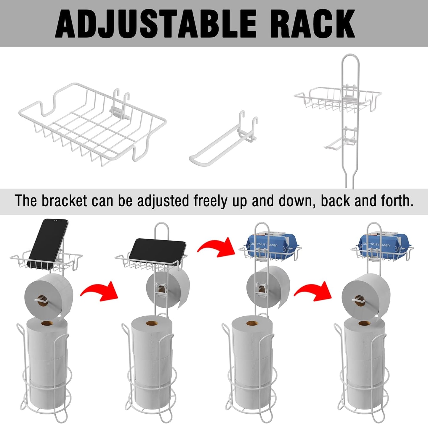 Toilet Paper Holder Stand with Shelf and Dispenser, 4 Mega Rolls Metal Wire Free-Standing Toilet Tissue Paper Roll Storage Rack Bathroom Accessories Storage Organizer(White)