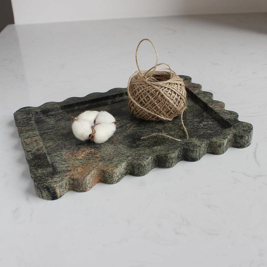 Natural Luxury Scalloped Marble Tray 10.8"x8", Green Rectangle Vanity Tray for Bathroom Kitchen Counter, Decorative Tray for Dresser Home Decor
