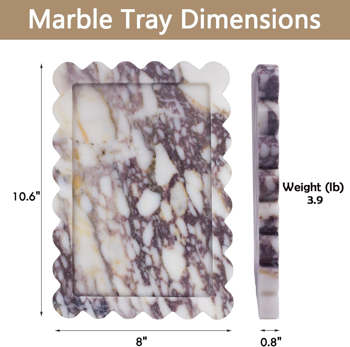 Genuine Calacatta Viola Scalloped Marble Tray, Real Natural Marble Stone Tray, Luxury Decorative Trays for Bathroom, Dresser, Vanity, Kitchen, Home Decor, 10.6" x 8", Calacatta Viola Purple