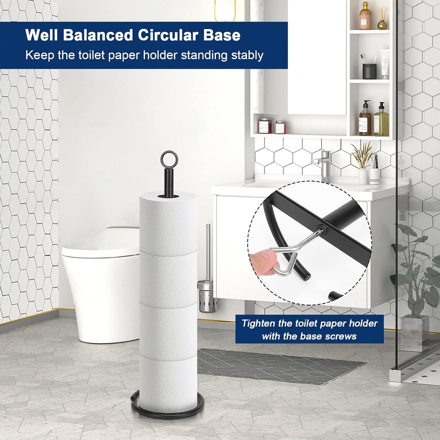 NearMoon Bath Toilet Paper Holder Stand, Free Standing Tissue Paper Storage with Reserve, Space Toilet 4 Rolls Holder for Bathroom/Kitchen Countertop-All Metal (1 Pack, Matte Black)