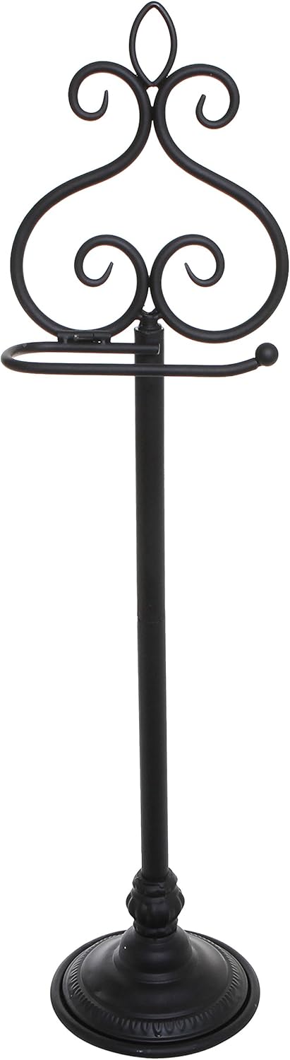 MyGift Free Standing Toilet Paper Holder Black Metal Scrollwork Design Bathroom Tissue Paper Stand - Single Roll Storage Rack