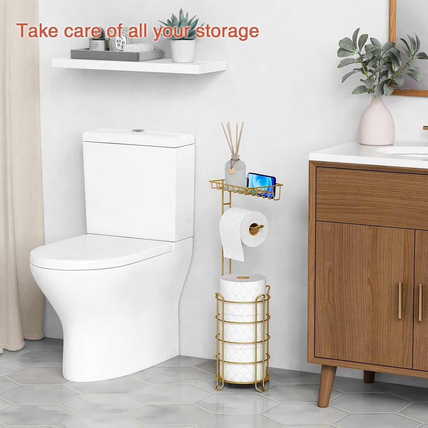 Gold Free Standing Toilet Paper Holder Stand with Phone Shelf, Floor Bathroom Tissue Holder for Large Mega Rolls, Metal Freestanding Toilet Paper Roll Holder with Wipes Storage Tray