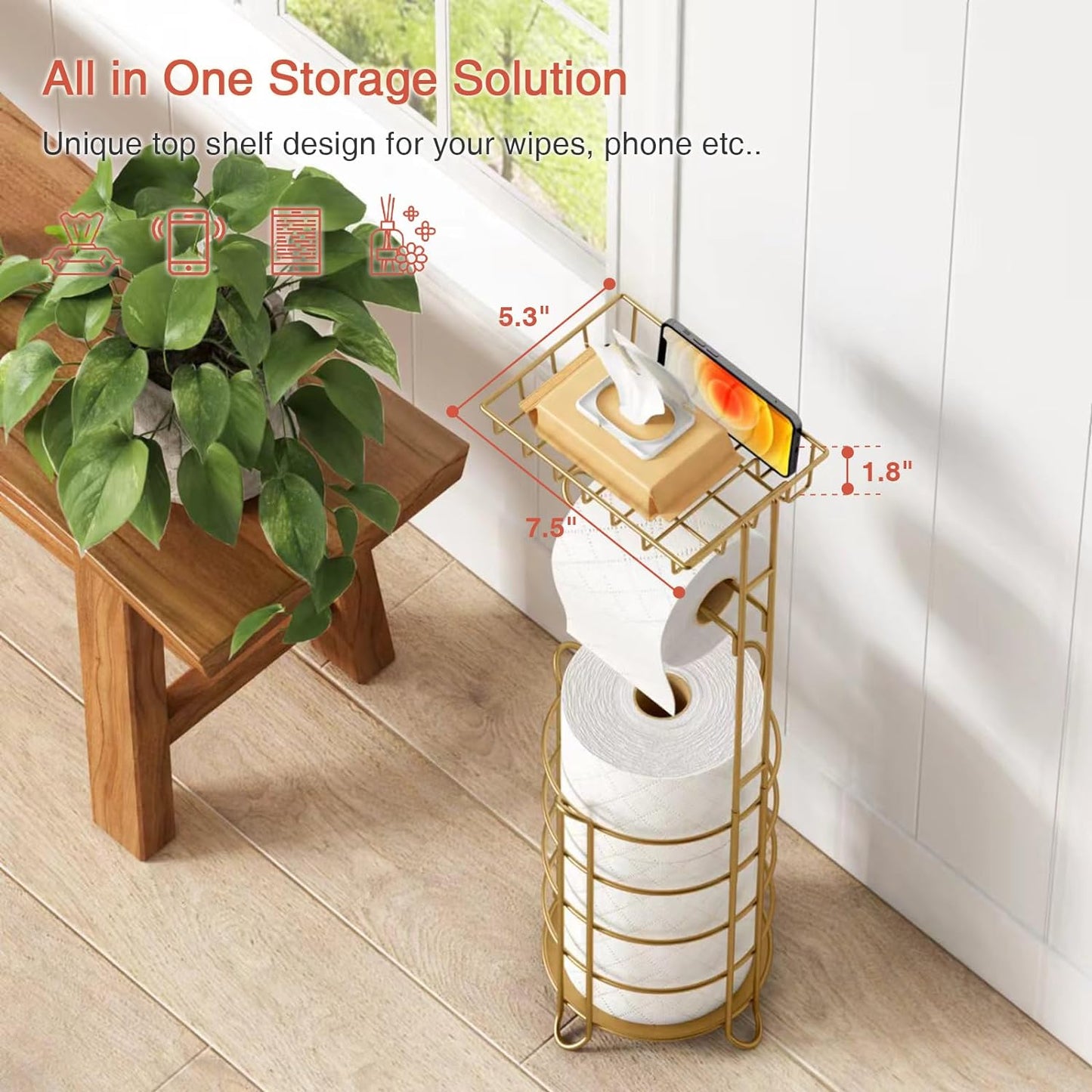 Gold Free Standing Toilet Paper Holder Stand with Phone Shelf, Floor Bathroom Tissue Holder for Large Mega Rolls, Metal Freestanding Toilet Paper Roll Holder with Wipes Storage Tray
