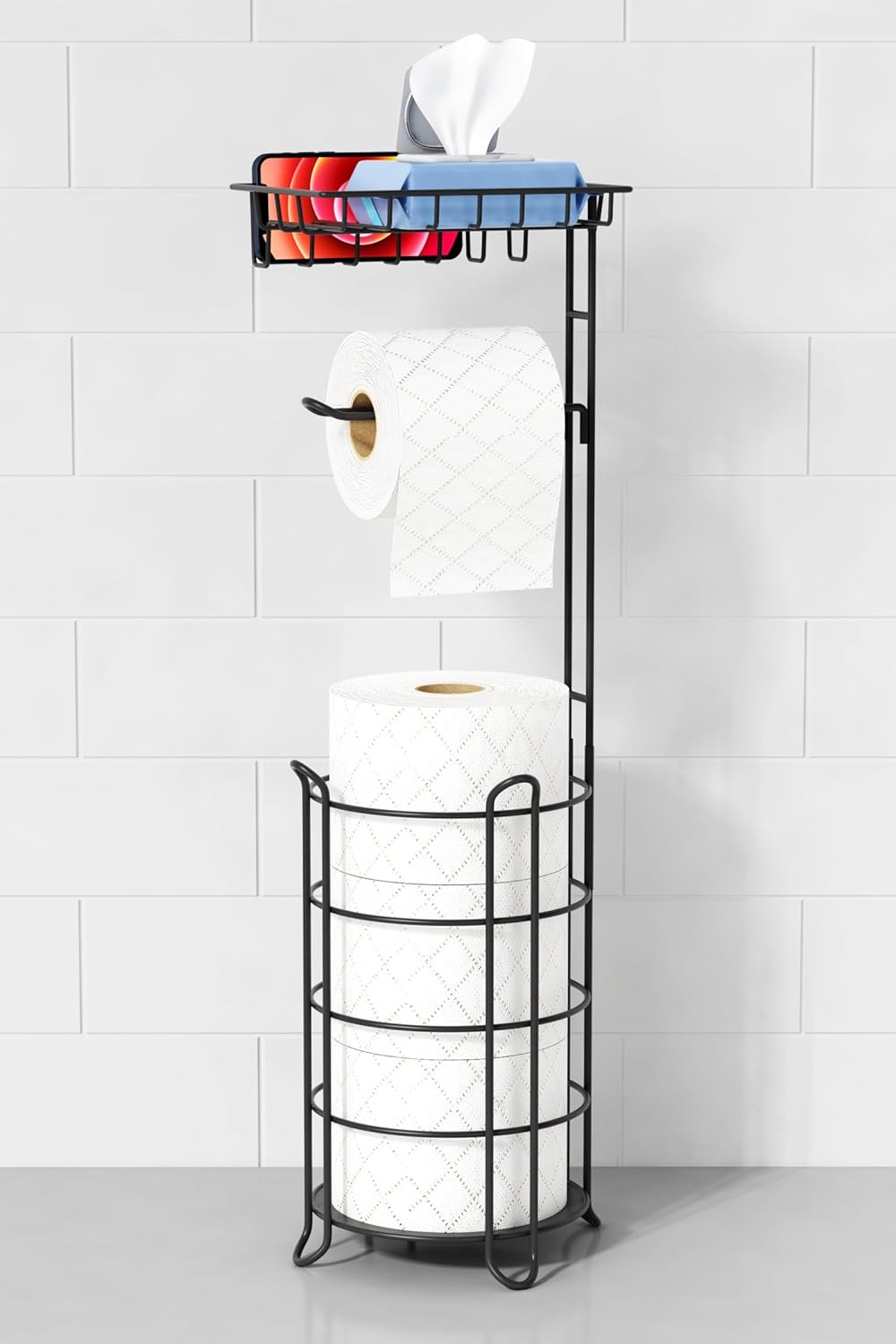 Gold Free Standing Toilet Paper Holder Stand with Phone Shelf, Floor Bathroom Tissue Holder for Large Mega Rolls, Metal Freestanding Toilet Paper Roll Holder with Wipes Storage Tray