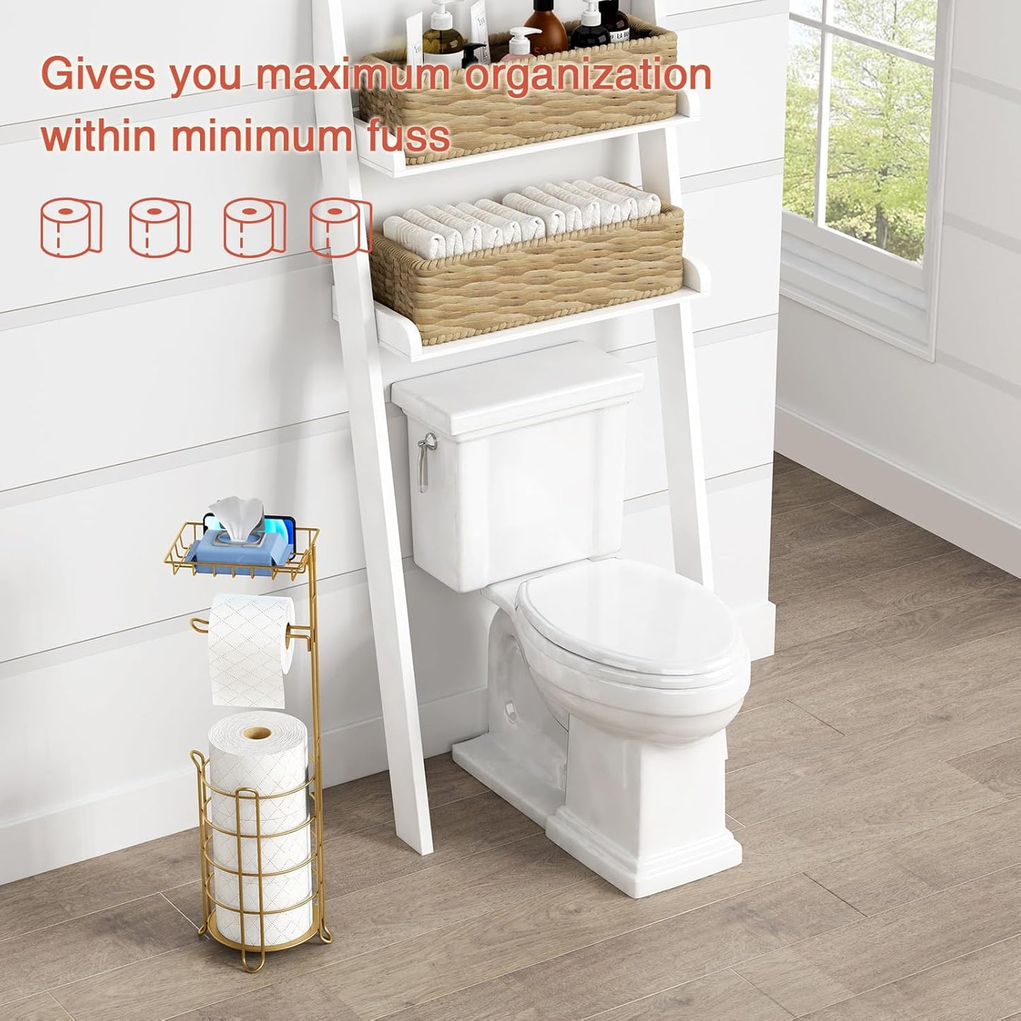 Gold Free Standing Toilet Paper Holder Stand with Phone Shelf, Floor Bathroom Tissue Holder for Large Mega Rolls, Metal Freestanding Toilet Paper Roll Holder with Wipes Storage Tray
