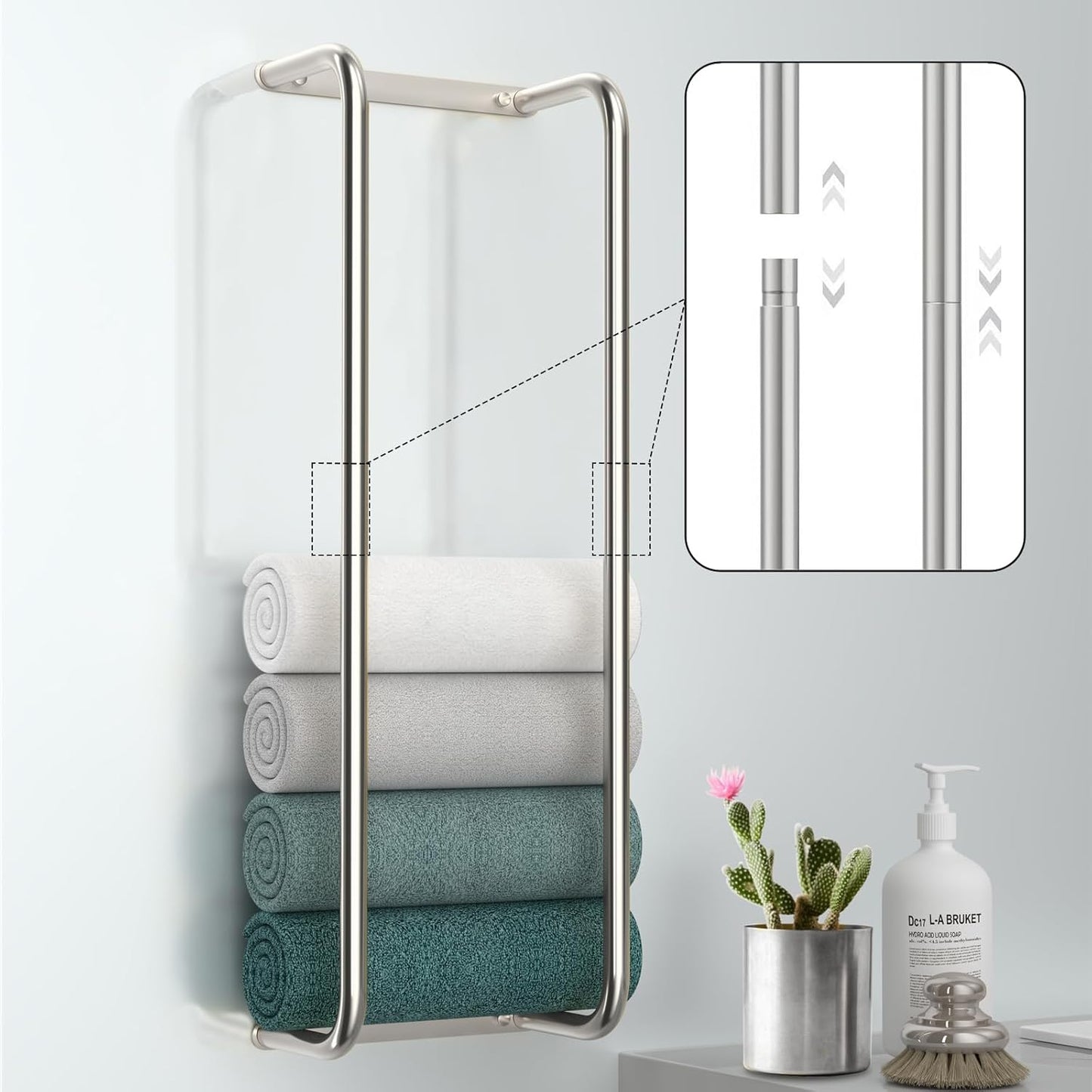 Stainless Steel Wall-Mounted Bathroom Towel Rack and Organizer for Rolled Towels, Ideal for Modern Small Bathrooms with Limited Space, Sleek and Chic Sliver Design.