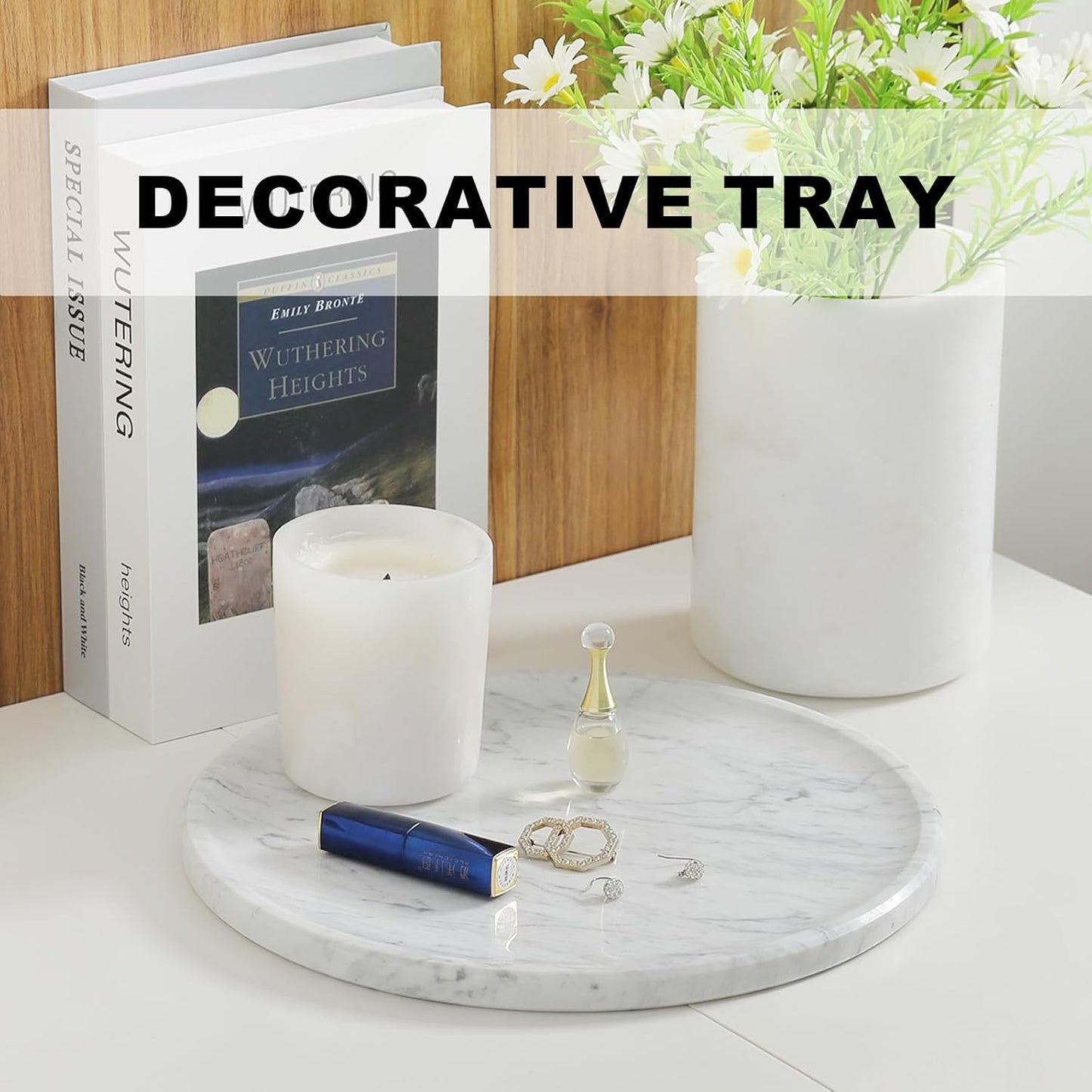 Natural Marble Serving Tray, 11.8in Round, Carrara Marble, Bathroom/Kitchen/Coffee Table Tray for Counter, Decorative Vanity for Catchall, Fruit and Snack