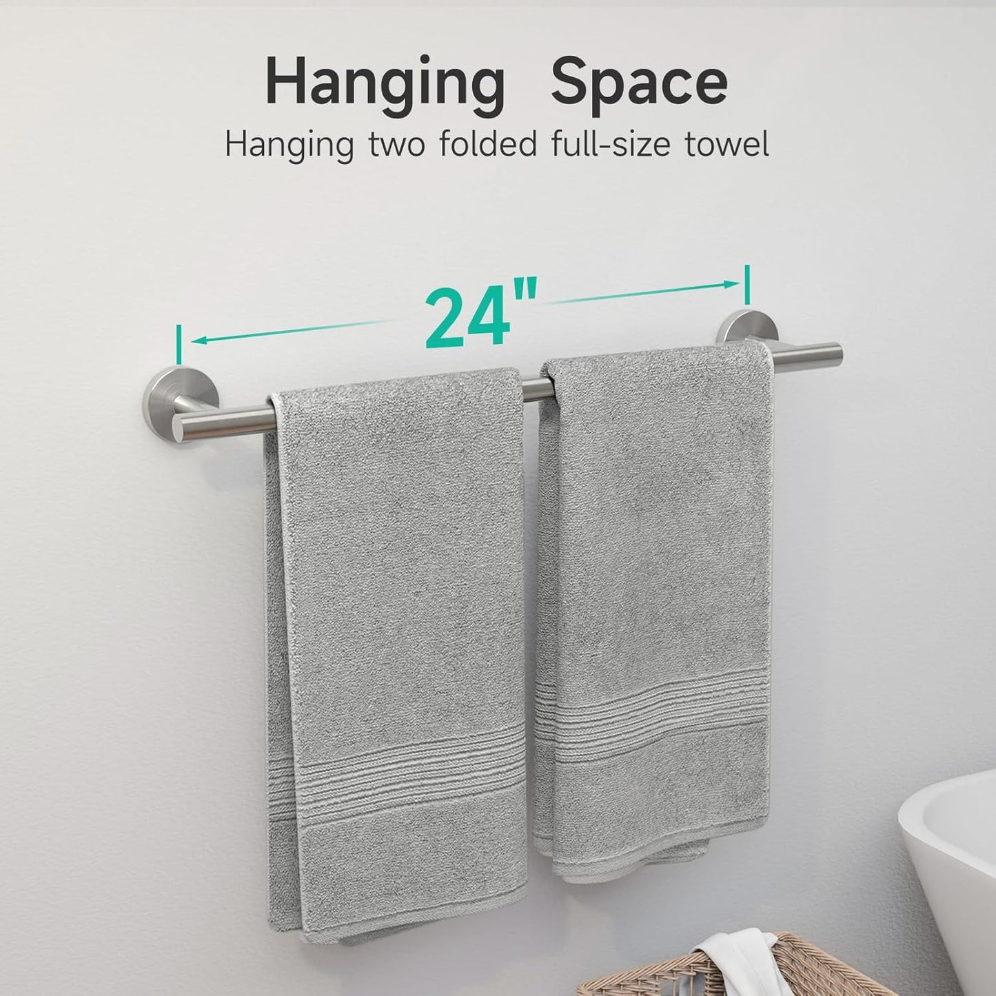 USHOWER Brushed Nickel Towel Bar, 24-Inch Towel Rack for Bathroom Wall Mounted, Thicken SUS304 Stainless Steel Towel Rod Modern Home Decor (Total Length 26-Inch)