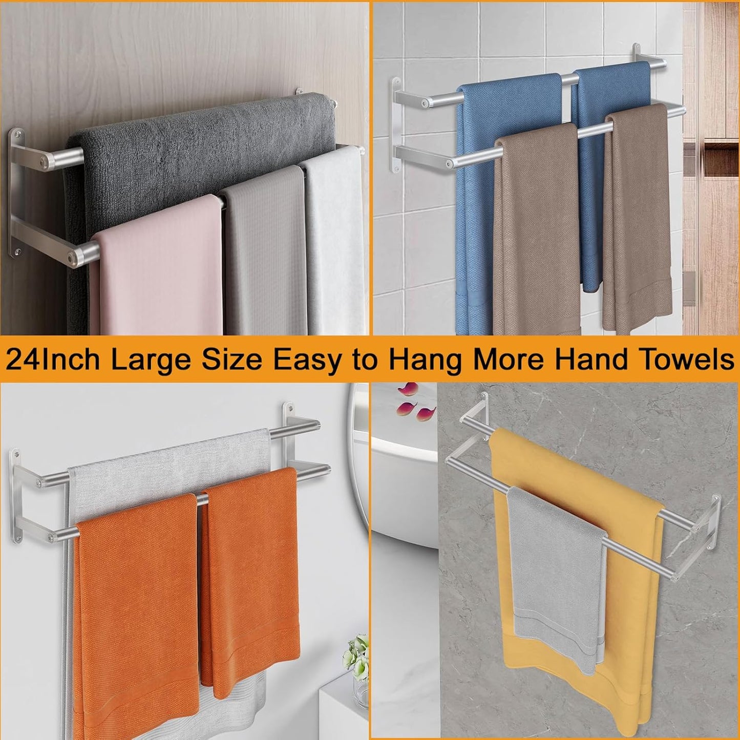 Double Towel Bar, 24Inch Towel Rack for Bathroom, Stainless Steel Double Bath Towel Bar, Wall Mounted Towel Holder, Double Towel Rod Towel Rail Hanger for Wall, Kitchen (Brush Nickel)