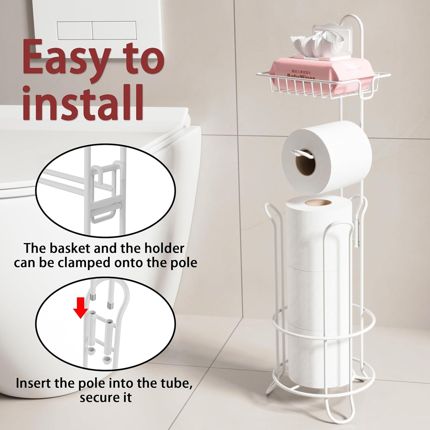 Toilet Paper Holder Stand with Shelf and Dispenser, 4 Mega Rolls Metal Wire Free-Standing Toilet Tissue Paper Roll Storage Rack Bathroom Accessories Storage Organizer(White)