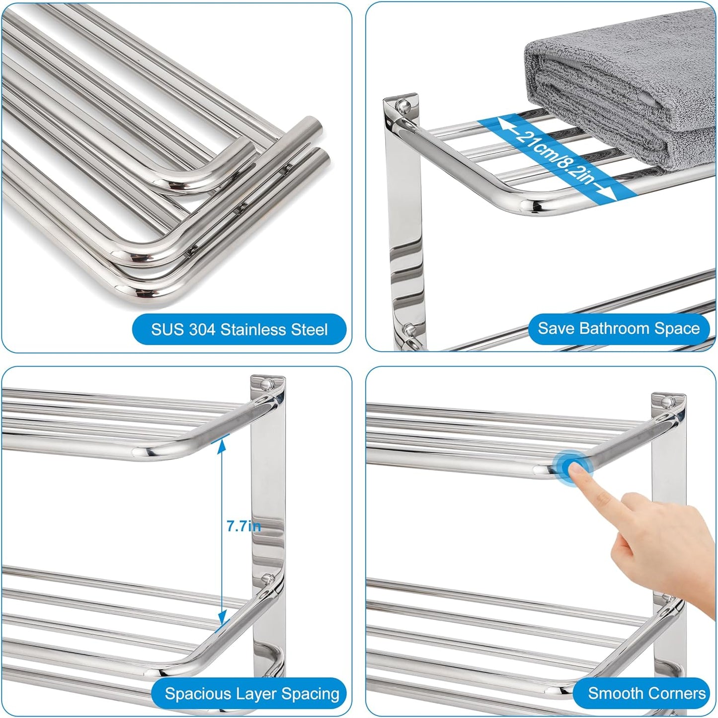Towel Rack for Bathroom, DEWVIE 23 Inch Tower Holder with Tower Bars, SUS 304 Stainless Steel Lavatory Bath Towel Shelf Towel Hanger Wall Mount, 3-Tier (Brushed Nickel)