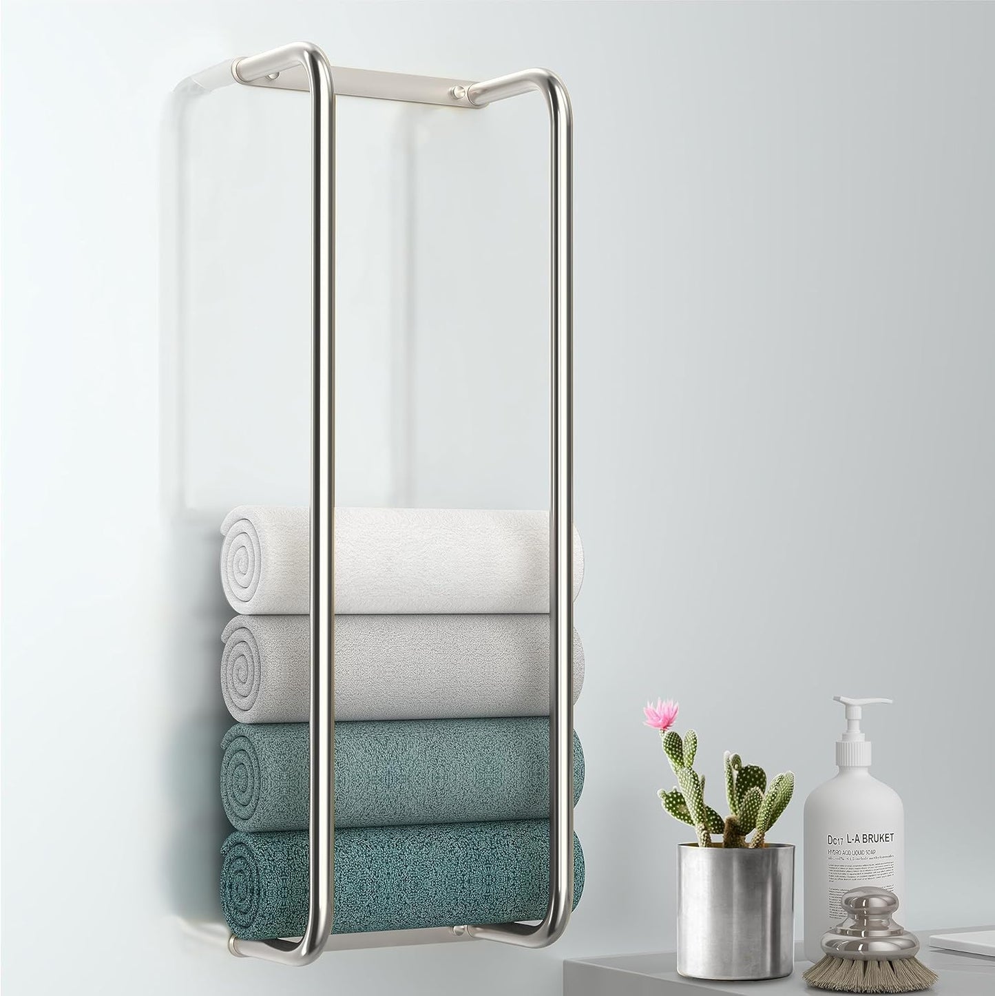 Stainless Steel Wall-Mounted Bathroom Towel Rack and Organizer for Rolled Towels, Ideal for Modern Small Bathrooms with Limited Space, Sleek and Chic Sliver Design.