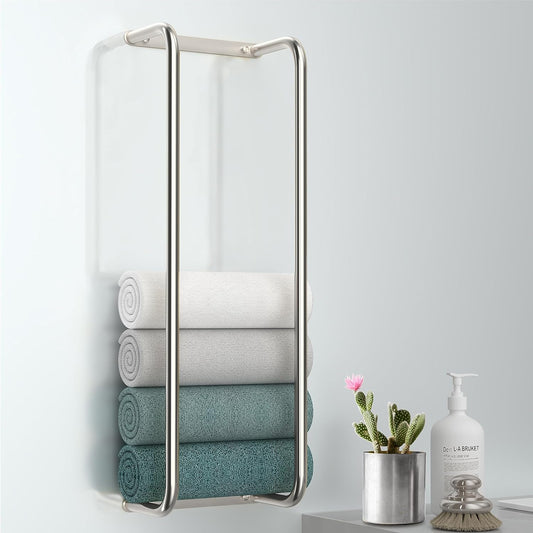 Stainless Steel Wall-Mounted Bathroom Towel Rack and Organizer for Rolled Towels, Ideal for Modern Small Bathrooms with Limited Space, Sleek and Chic Sliver Design.