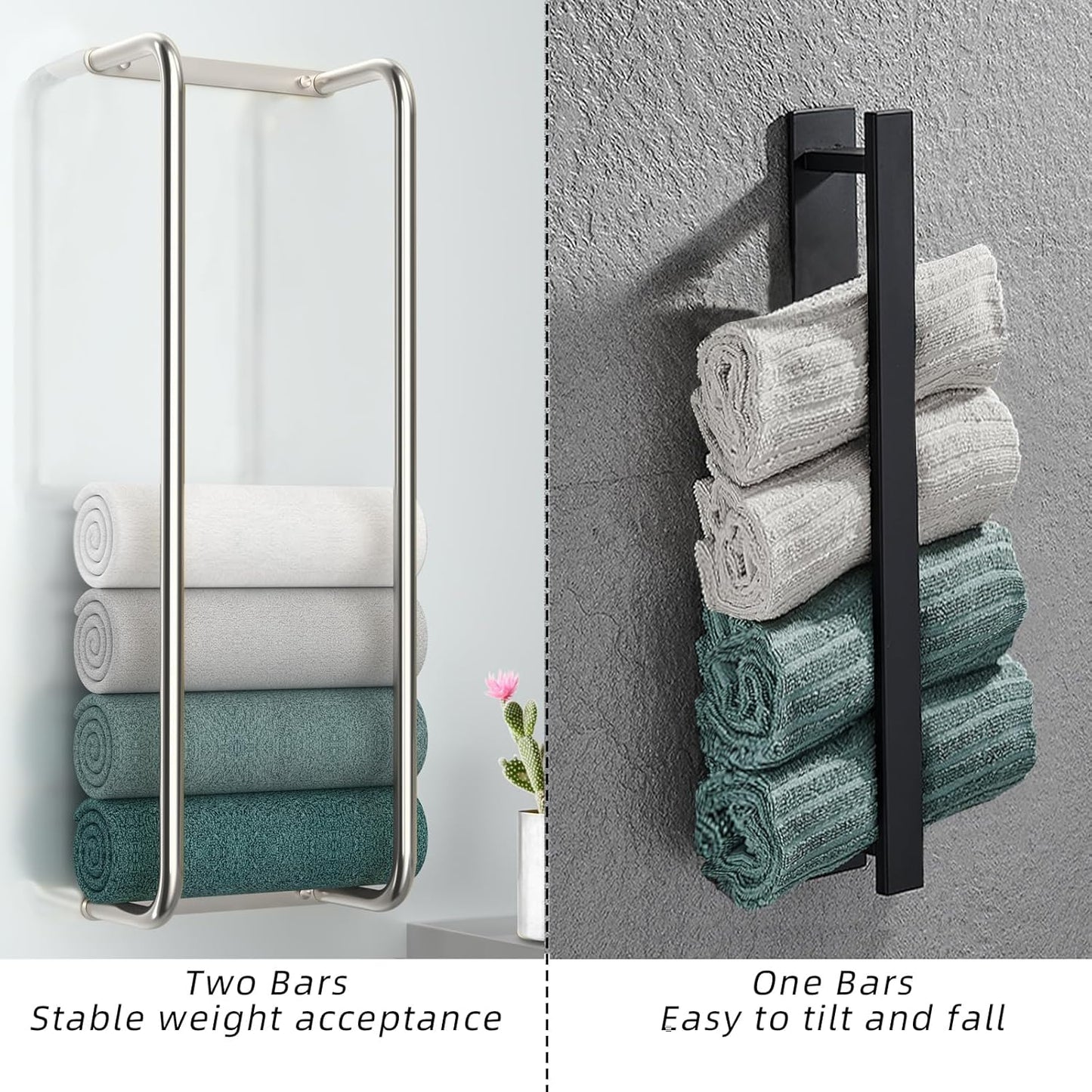 Stainless Steel Wall-Mounted Bathroom Towel Rack and Organizer for Rolled Towels, Ideal for Modern Small Bathrooms with Limited Space, Sleek and Chic Sliver Design.